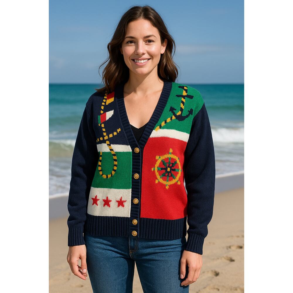 Vintage Haberdashery Nautical Cardigan Sweater XL Anchor Wheel Rope‎ Stars Ramie